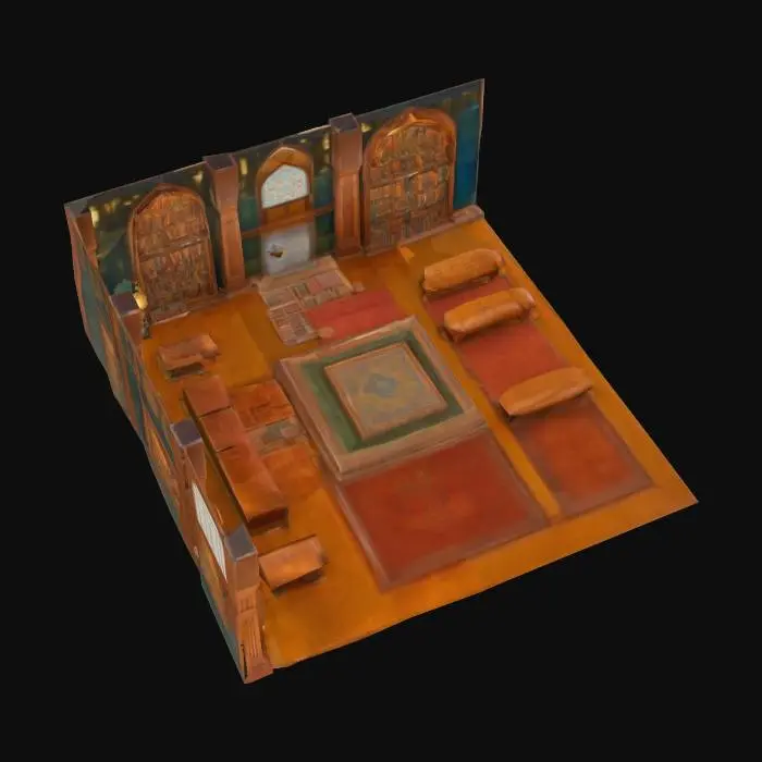 3D model for A grand, classical Persian library, majestic and serene.
Key Features: High vaulted ceilings with intricate Gireh tilework, large Orsi stained-glass windows, dramatic shafts of colored light.
Contents: Floor-to-ceiling carved walnut bookshelves filled with antique leather-bound books, large detailed Persian carpets on the floor.
Decor: Framed miniature paintings and Nasta'līq calligraphy on the walls.
Furniture: Simple wooden chairs and large, uncluttered reading tables.
Atmosphere: Photorealistic, intricate detail, warm golden lighting, scholarly, quiet, epic scale.