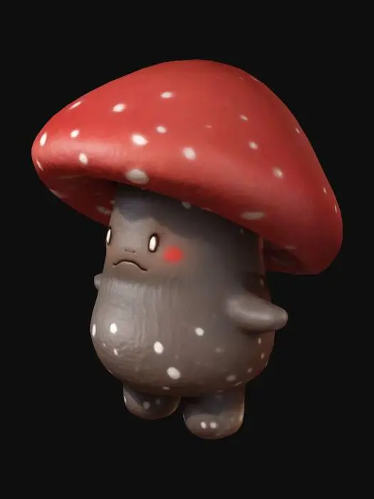 3D model for dark mushroom creature female shape, chibi, tpose, large red hat with white spots