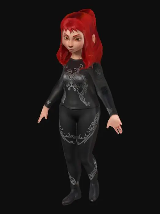 3D model for elf girl red hair in tpose dark clothes