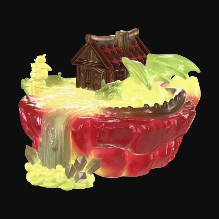 3D model for Stylized floating island diorama for 3D printing, single solid mesh. Thick rocky base with carved details, no real floating gaps. Top surface simplified with low-relief grass merged to base. Small Nordic cabin with thick walls, enlarged doors/windows, simplified roof tiles, all fused. Dragon in compact resting pose, wings folded, no thin membranes, minimum 2–3 mm thickness, smooth stylized scales. Viking figure simplified, solid pose, beard/helmet merged, no separate props. Boat attached to ground, shields embossed, no ropes. Waterfall as solid sculpted flow, fully connected. Crystals chunky and fused. No overhangs >45°, watertight, manifold, print-ready.