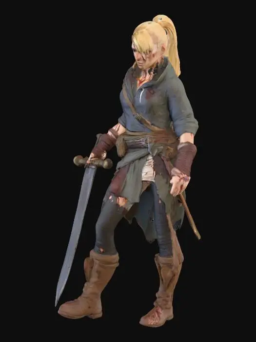 3D model for Ein Abenteurer, schmächtig mit leichter Muskulatur, blonder Pferdeschwanz, schmutzige, zerrissene schlichte Kleidung, verrostetes Schwert , Wunden und Narben am Körper 