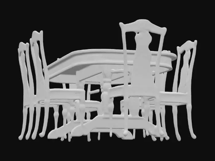 3D model for A large Victorian wooden dining table with six matching chairs, all scratched and worn, dusty surfaces, cobwebs hanging underneath, faded polish.