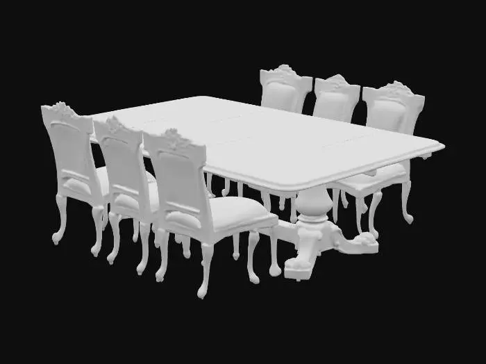 3D model for A large Victorian wooden dining table with six matching chairs, all scratched and worn, dusty surfaces, cobwebs hanging underneath, faded polish.