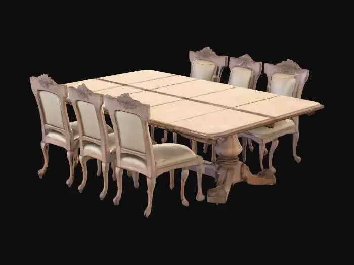 3D model for A large Victorian wooden dining table with six matching chairs, all scratched and worn, dusty surfaces, cobwebs hanging underneath, faded polish.