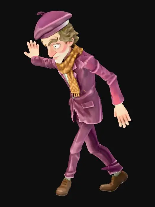 3D model for A stylized quirky theater director character, wearing a beret and scarf, holding a director's megaphone, expressive pose, slightly eccentric appearance, artistic and creative look, full body character, 3D game asset style