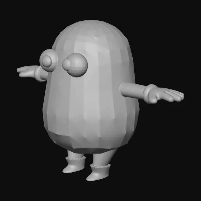 3D model for A cute stylized character similar to Fall Guys, bean-shaped body, round and chubby proportions, simple geometric shapes, colorful cartoon style, smooth surface, big eyes, short arms and legs, playful pose, vibrant colors, comic art style, game character, low poly friendly, cheerful appearance