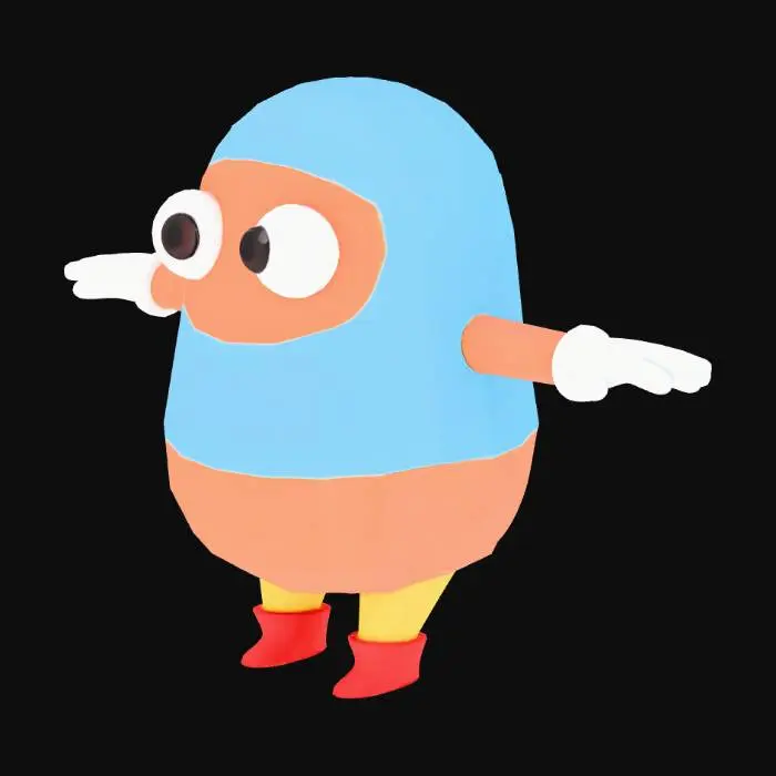 3D model for A cute stylized character similar to Fall Guys, bean-shaped body, round and chubby proportions, simple geometric shapes, colorful cartoon style, smooth surface, big eyes, short arms and legs, playful pose, vibrant colors, comic art style, game character, low poly friendly, cheerful appearance