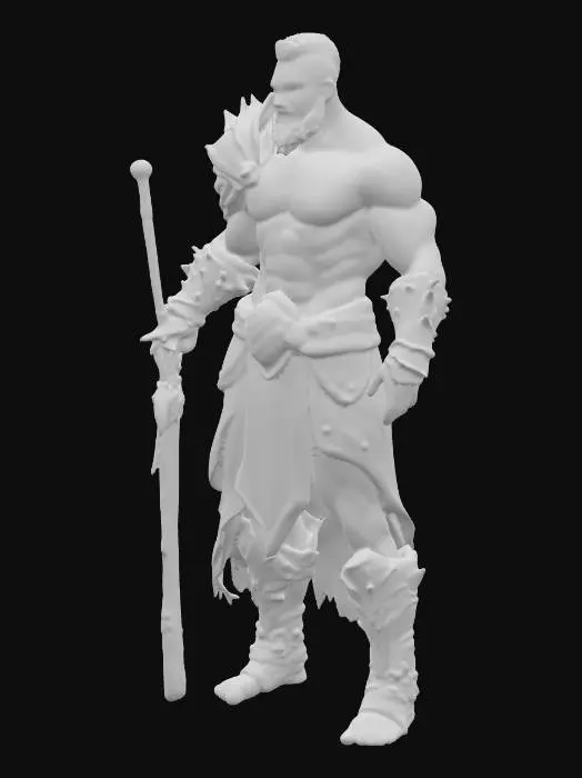 3D model for A musculae male warrior with a greatsword ornated by dragon teeth. His armor partially covers his body so we can see that muscles. His armor is volcanic in nature that resembles red magma on black metal. His skin is red and yellow.