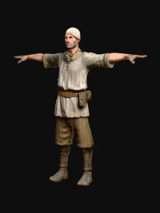 3D model for Foto realistyczny model wieśniaka w podartej tunice, ubłoconych prostych spodniach i w wełnianej czapce na głowie. całość wzorowana na wczesnym średniowieczu.