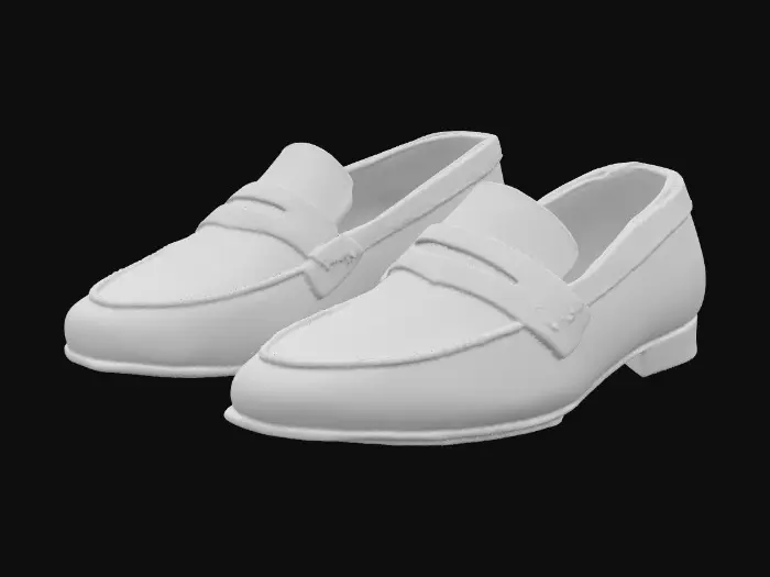 3D model for Luxury fashion loafers, elegant avant-garde design.
Flat leather sole, refined low-profile silhouette.
Upper crafted from premium smooth calfskin leather in solid #2F70AF color (deep blue-teal).
Subtle tonal stitching, minimal seams for a clean couture look.
Embossed monogram logo on the side panel, discreet metallic accent on the heel.
Classic penny-loafer strap detail across the vamp, with a modern sculpted twist.
Ultra-detailed PBR textures: polished leather sheen, fine stitching, subtle wear.
Studio lighting, neutral background, clean UVs, photorealistic high-fashion aesthetic.
