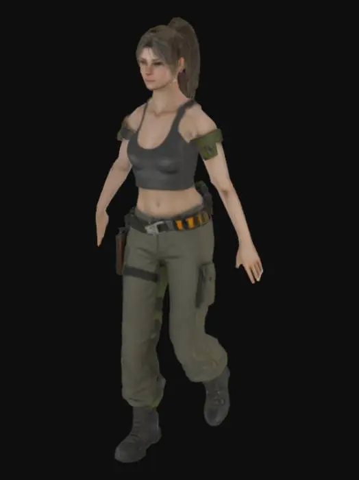 3D model for Realistic female humanoid 3D character model, arms slightly extended away from the body (A-pose or relaxed T-pose), engineer look, slim athletic body, shoulder-length messy hair, neutral expression. Outfit includes utility belt, compact tools, and minimal armor elements. Semi-realistic facial features, Northern European descent, pale skin, green-gray eyes. Stylized but anatomically correct proportions, clean topology suitable for animation, with arms clearly separated from torso for easy rigging.