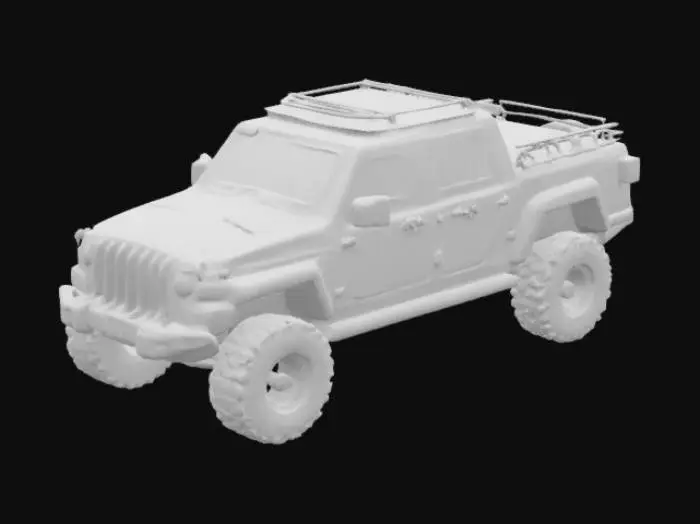 3D model for highly finely detailed rugged lifted offroad Jeep Gladiator oversized offroad tires drop steps KC lights bull bar chase rack in bed 