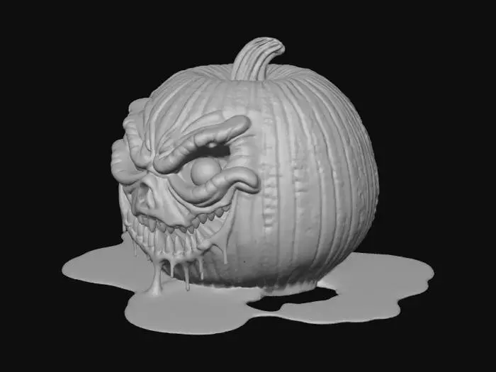 3D model for A grotesque, horrifying, partially liquefied jack-o’-lantern pumpkin with an evil warped, sagging face — as if melting from intense dark magic. The carved eyes and mouth stretch and drip downward, forming distorted, organic shapes. The pumpkin skin shows realistic wrinkling and subtle surface variation, blending rough rind texture with smooth, melted flow. Internal light emits a warm, eerie glow that highlights the deformed contours and pools of blood red wax-like residue at the base. The model should maintain a stable, printable form with moderate polygon density, optimized for both small tabletop prints and large outdoor props.   no thin parts