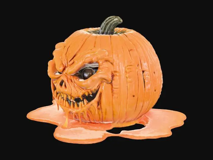 3D model for A grotesque, horrifying, partially liquefied jack-o’-lantern pumpkin with an evil warped, sagging face — as if melting from intense dark magic. The carved eyes and mouth stretch and drip downward, forming distorted, organic shapes. The pumpkin skin shows realistic wrinkling and subtle surface variation, blending rough rind texture with smooth, melted flow. Internal light emits a warm, eerie glow that highlights the deformed contours and pools of blood red wax-like residue at the base. The model should maintain a stable, printable form with moderate polygon density, optimized for both small tabletop prints and large outdoor props.   no thin parts