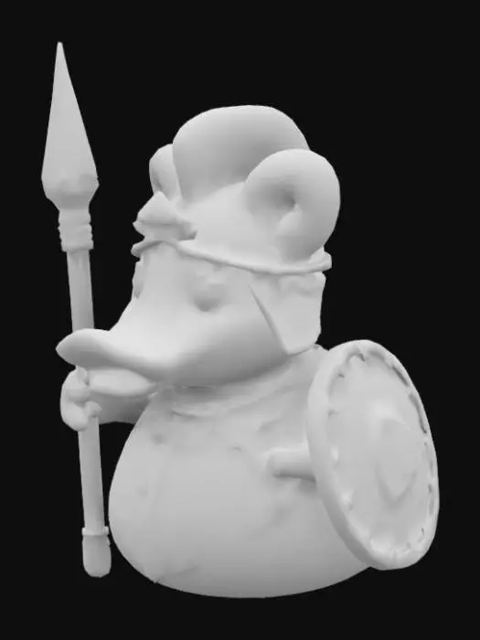 3D model for Greek God Aries rubber duck looking fierce and ready to go to war with a spear in  one hand and a shield slung over his back with platemail armor