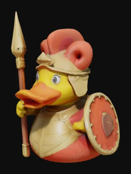 3D model for Greek God Aries rubber duck looking fierce and ready to go to war with a spear in  one hand and a shield slung over his back with platemail armor