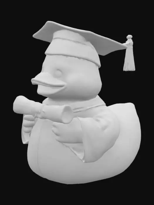 3D model for Graduating Class of 2025 Rubber Duck wearing cap and gown.  no tassel on to cap. holding rolled diploma.