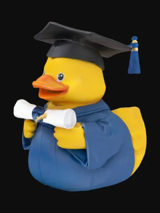 3D model for Graduating Class of 2025 Rubber Duck wearing cap and gown.  no tassel on to cap. holding rolled diploma.