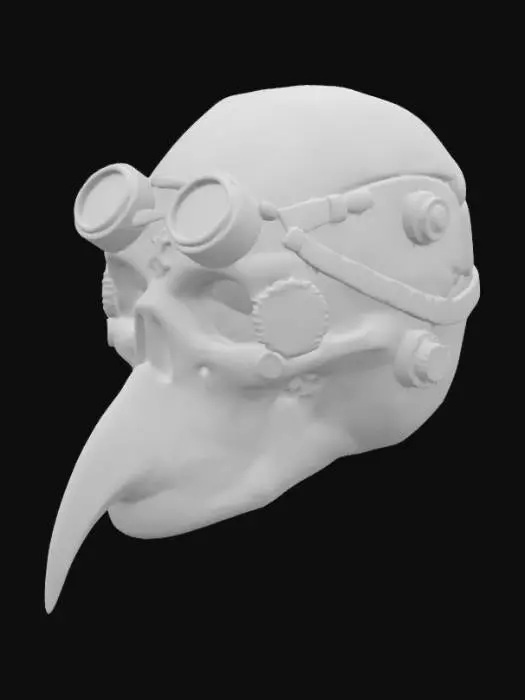 3D model for Steampunk plague doctor decorative solid skull wearing glasses. 