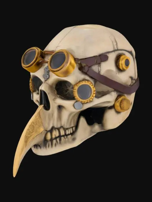 3D model for Steampunk plague doctor decorative solid skull wearing glasses. 