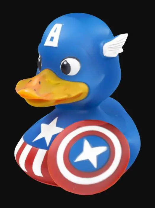 3D model for Captain America Steve Rogers Rubber Duck.  holding his shield. exhibiting enhanced strength, speed and agility as well as a strong sense of justice and patriotism