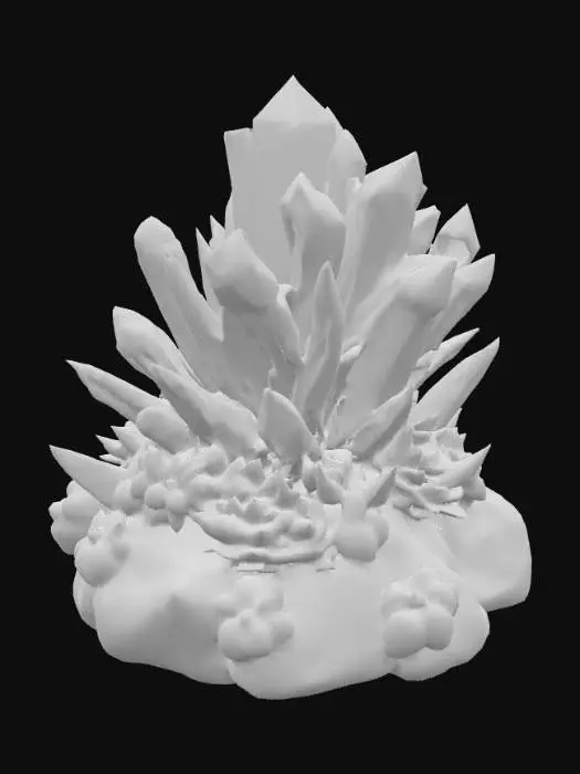 3D model for modern abstract on a flat solid rocky base combining multiple fractal crystal shards, abstract cactus, abstract succulent plants, and elements of a geode

