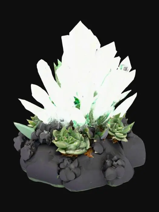 3D model for modern abstract on a flat solid rocky base combining multiple fractal crystal shards, abstract cactus, abstract succulent plants, and elements of a geode
