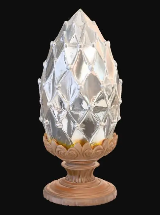 3D model for "An ancient dragon egg carved from crystal, covered in glowing engraved runes and sharp gemstone facets. Egg rests on a built-in pedestal base. Hyper-detailed, mystical, fantasy-inspired, optimized for 3D printing, solid geometry."