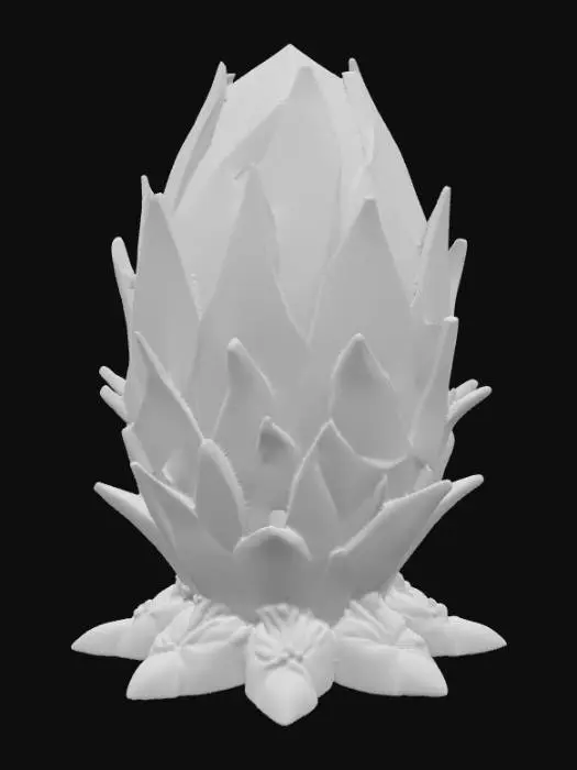 3D model for "A deeply faceted crystal dragon egg sculpted from crystal shards like a faceted gemstone held in a claw-like pedestal base. The egg is covered in jagged deep crystalline facets, glowing softly from within. Fantasy design, dramatic presence, sharp details, hyper-realistic, solid form for clean 3D printing." solid base.
