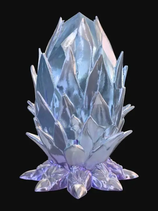 3D model for "A deeply faceted crystal dragon egg sculpted from crystal shards like a faceted gemstone held in a claw-like pedestal base. The egg is covered in jagged deep crystalline facets, glowing softly from within. Fantasy design, dramatic presence, sharp details, hyper-realistic, solid form for clean 3D printing." solid base.
