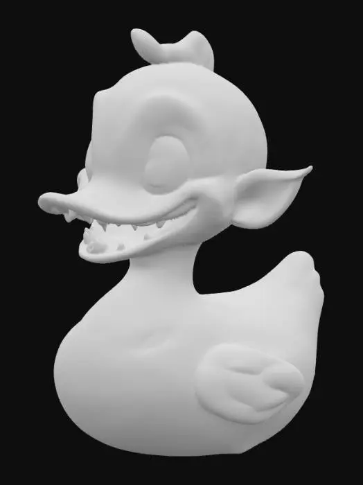 3D model for "A Labubu-inspired rubber duck character designed for 3D printing. Mischievous and slightly creepy-cute aesthetic, not soft or overly cute. The figure has long pointed ears, sharp but stylized teeth in a grin, and big expressive eyes with a sly, mischievous look. . Smooth, printable surfaces with bold, exaggerated details. One solid piece, watertight, no fragile parts. Toy-like collectible with creepy charm rather than sweet bunny vibe.