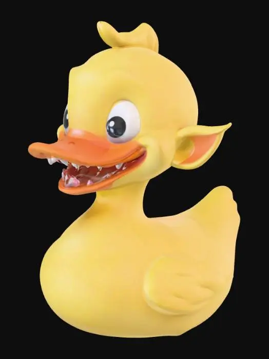 3D model for "A Labubu-inspired rubber duck character designed for 3D printing. Mischievous and slightly creepy-cute aesthetic, not soft or overly cute. The figure has long pointed ears, sharp but stylized teeth in a grin, and big expressive eyes with a sly, mischievous look. . Smooth, printable surfaces with bold, exaggerated details. One solid piece, watertight, no fragile parts. Toy-like collectible with creepy charm rather than sweet bunny vibe.
