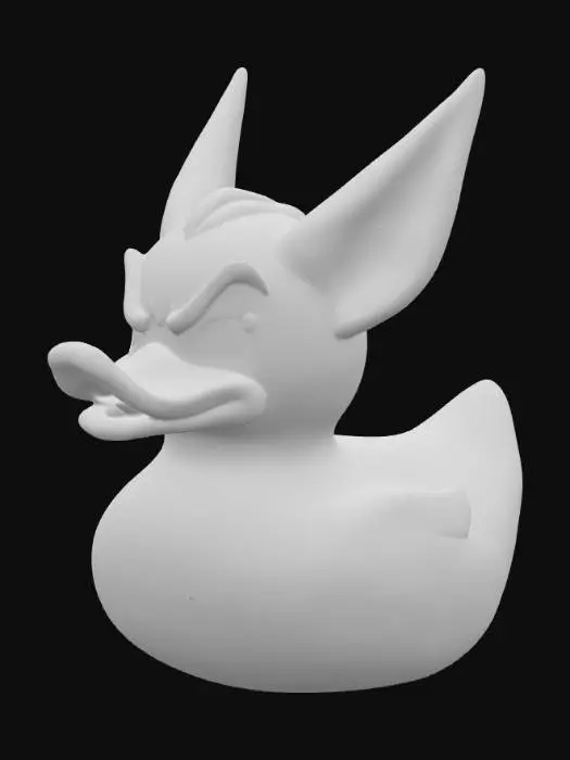 3D model for "Labubu rubber duck designed for 3D printing. Mischievous and slightly creepy-cute aesthetic. The figure has long pointed ears, sharp but stylized teeth in a grin, and oversized expressive eyes with a sly, mischievous look. . Smooth, printable surfaces with bold, exaggerated details. One solid piece, watertight, no fragile parts. Toy-like collectible with creepy charm rather than sweet bunny vibe.