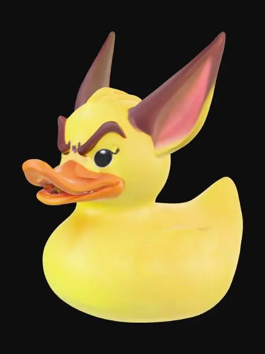 3D model for "Labubu rubber duck designed for 3D printing. Mischievous and slightly creepy-cute aesthetic. The figure has long pointed ears, sharp but stylized teeth in a grin, and oversized expressive eyes with a sly, mischievous look. . Smooth, printable surfaces with bold, exaggerated details. One solid piece, watertight, no fragile parts. Toy-like collectible with creepy charm rather than sweet bunny vibe.