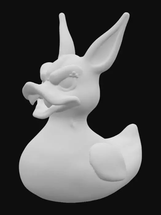 3D model for "Labubu rubber duck designed for 3D printing. Mischievous and slightly creepy-cute aesthetic. The figure has long pointed ears, sharp but stylized teeth in a grin, and oversized expressive eyes with a sly, mischievous look. . Smooth, printable surfaces with bold, exaggerated details. One solid piece, watertight, no fragile parts. Toy-like collectible with creepy charm rather than sweet bunny vibe.