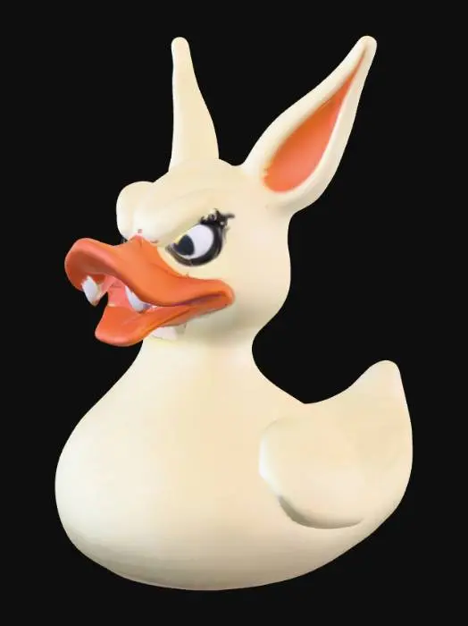 3D model for "Labubu rubber duck designed for 3D printing. Mischievous and slightly creepy-cute aesthetic. The figure has long pointed ears, sharp but stylized teeth in a grin, and oversized expressive eyes with a sly, mischievous look. . Smooth, printable surfaces with bold, exaggerated details. One solid piece, watertight, no fragile parts. Toy-like collectible with creepy charm rather than sweet bunny vibe.