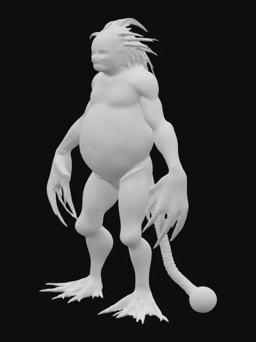 3D model for alien creature with lobster claw-like hands, a big round humanoid body, bird-like legs, a long tail with a ball at the end, and no eyes