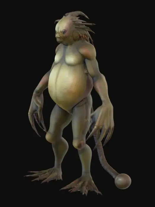 3D model for alien creature with lobster claw-like hands, a big round humanoid body, bird-like legs, a long tail with a ball at the end, and no eyes