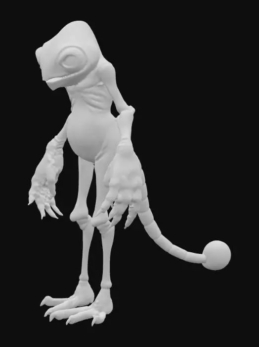 3D model for alien creature with lobster claw-like hands, a big round humanoid body, bird-like legs, a long tail with a ball at the end, and no eyes