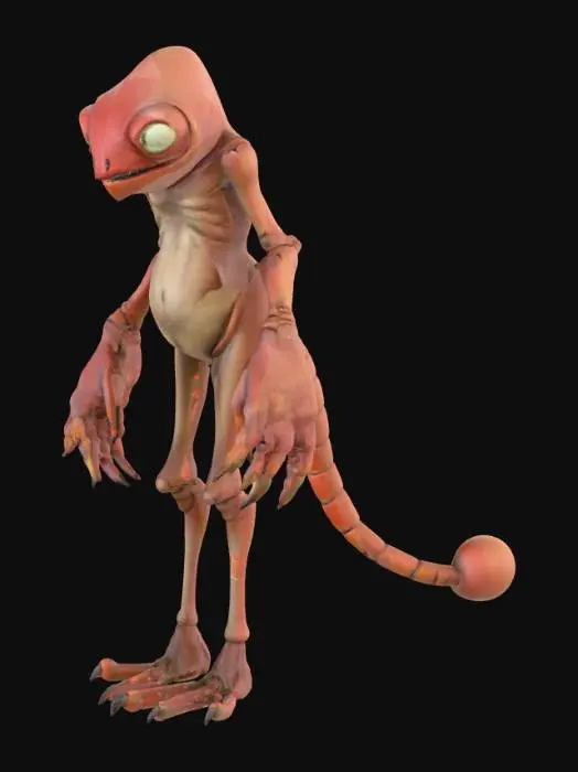 3D model for alien creature with lobster claw-like hands, a big round humanoid body, bird-like legs, a long tail with a ball at the end, and no eyes