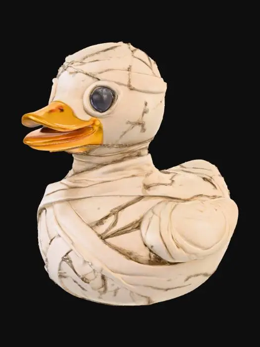 3D model for A menacing rubber duck, re-imagined as a mummified creature, features an aged, off-white surface with a dry, slightly crinkled texture. Its body is haphazardly wrapped in linen-like bandages, partially obscuring the familiar duck silhouette. Faint sepia-toned yellow plastic subtly shows through gaps in the wraps, hinting at its original form. The eyes are deeply recessed, appearing hollow and devoid of life, contributing to its eerie, ancient appearance.
optimized for 3d printing