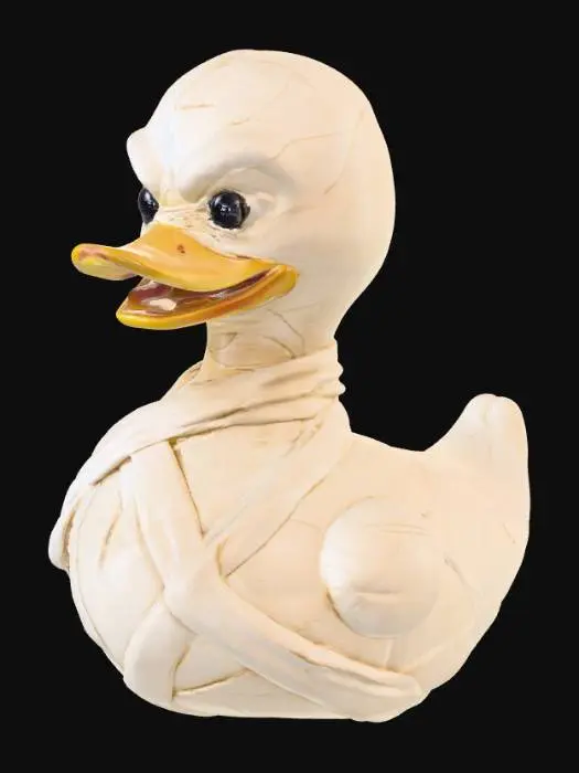 3D model for A menacing rubber duck, re-imagined as a mummified creature, features an aged, off-white surface with a dry, slightly crinkled texture. Its body is haphazardly wrapped in linen-like bandages, partially obscuring the familiar duck silhouette. A gaunt mummified rubber duck, its once vibrant yellow form now shrunken and desiccated. The rubber material appears brittle and aged, with fine cracks and a dusty, papery texture resembling ancient linen wrappings. Its menacing posture is accentuated by sharp, exaggerated edges and a gaunt body revealing hints of bone structure beneath the shriveled surface. Deep-set, hollow eye sockets stare out like vacant pits, devoid of life, giving the creature a profoundly unsettling and macabre presence.
optimized for 3d printing