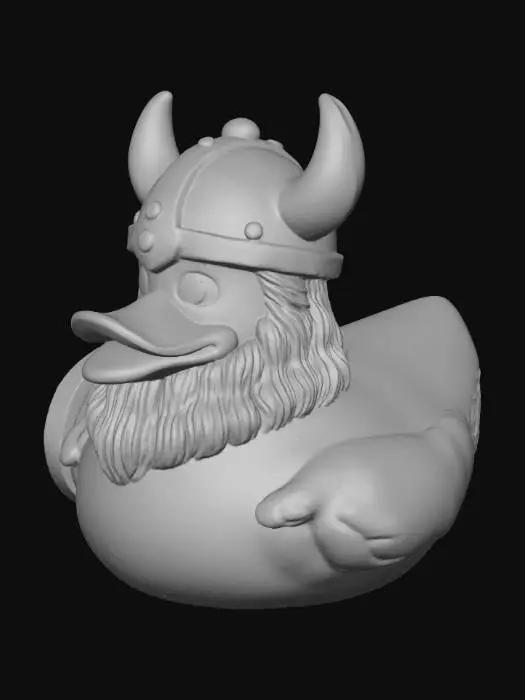 3D model for A Viking rubber duck, solid 3D model. Classic rounded duck body with smooth surface. Wearing a chunky Viking helmet with two short thick horns, sturdy and printable. A braided beard sculpted around the beak, exaggerated and bold. Small round shield strapped to one wing with simple embossed wood grain and a central boss. The other wing clenched like holding a tiny axe with a short, thick handle and wide blade. All details chunky, bold, and printable with clean geometry and no fragile thin parts.