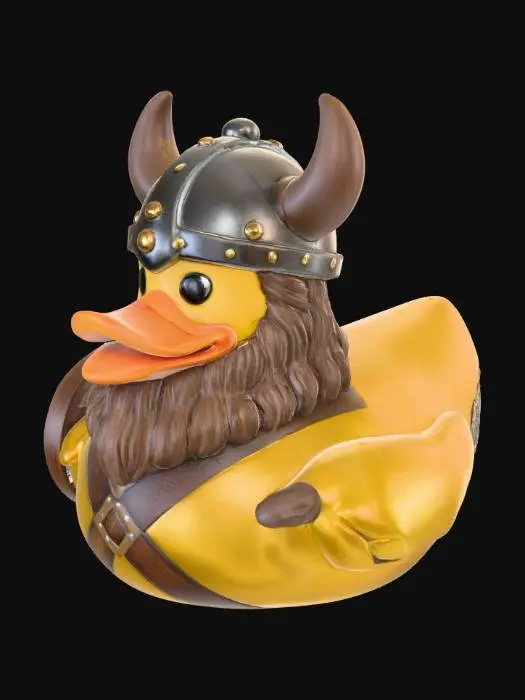 3D model for A Viking rubber duck, solid 3D model. Classic rounded duck body with smooth surface. Wearing a chunky Viking helmet with two short thick horns, sturdy and printable. A braided beard sculpted around the beak, exaggerated and bold. Small round shield strapped to one wing with simple embossed wood grain and a central boss. The other wing clenched like holding a tiny axe with a short, thick handle and wide blade. All details chunky, bold, and printable with clean geometry and no fragile thin parts.