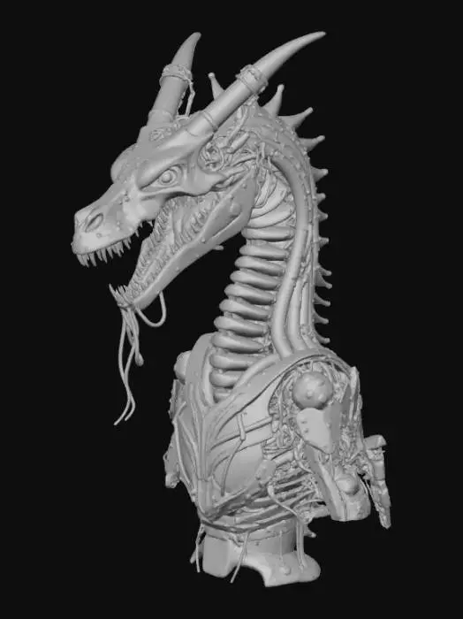 3D model for A highly detailed cyberpunk dragon skull, designed for 3D printing. The skull should have biomechanical and cybernetic elements integrated into the bone — glowing lines, metal plating, exposed circuits, and tubing. Sharp horns and jaw structure, reinforced with steel-like exoskeleton features. Maintain anatomical realism of a dragon’s skull, with futuristic augmentations and engravings in a cyberpunk aesthetic. Include layered mechanical textures, vents, and light panels along the skull ridges. The model should be watertight, solid, and printable without thin floating parts. 3D printable sculpture, high-detail STL style, cinematic lighting for render preview.
