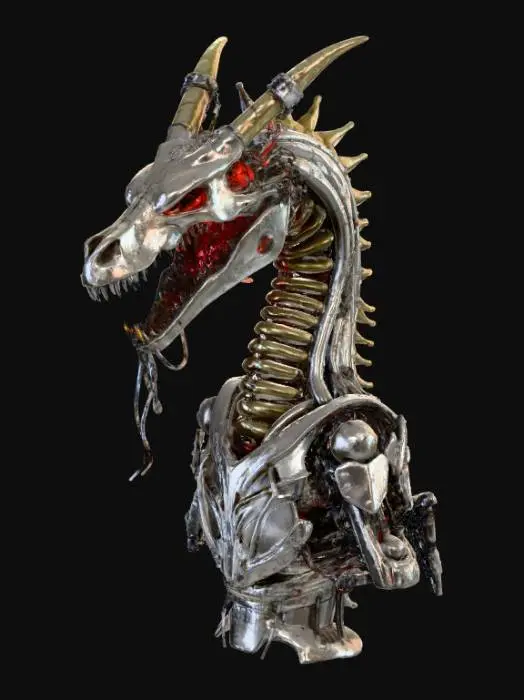 3D model for A highly detailed cyberpunk dragon skull, designed for 3D printing. The skull should have biomechanical and cybernetic elements integrated into the bone — glowing lines, metal plating, exposed circuits, and tubing. Sharp horns and jaw structure, reinforced with steel-like exoskeleton features. Maintain anatomical realism of a dragon’s skull, with futuristic augmentations and engravings in a cyberpunk aesthetic. Include layered mechanical textures, vents, and light panels along the skull ridges. The model should be watertight, solid, and printable without thin floating parts. 3D printable sculpture, high-detail STL style, cinematic lighting for render preview.