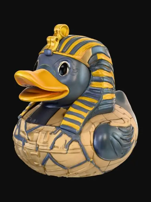3D model for A dark, mummified Pharaoh rubber duck, solid 3D model for printing. The classic rounded duck body is gaunt and wrapped in aged, tattered linen bandages with rough texture and uneven layers. Beneath the wraps, faded yellow plastic shows through in worn patches. The duck wears a weathered Egyptian Nemes headdress, partially torn, with a short, cracked ceremonial beard extending from its beak. Deep, shadowed eye sockets give it a lifeless, haunting stare. Its chest bears faint, eroded hieroglyphic carvings and embossed ankhs, barely visible beneath the wrappings. The form is bold and compact, with watertight geometry, no thin parts, and subtle surface wear that suggests ancient decay.
