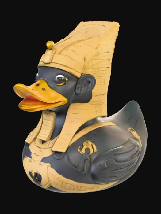 3D model for A dark, mummified Pharaoh rubber duck, solid 3D model for printing. The classic rounded duck body is gaunt and wrapped in aged, tattered linen bandages with rough texture and uneven layers. Beneath the wraps, faded yellow plastic shows through in worn patches. The duck wears a weathered Egyptian Nemes headdress, partially torn, with a short, cracked ceremonial beard extending from its beak. Deep, shadowed eye sockets give it a lifeless, haunting stare. Its chest bears faint, eroded hieroglyphic carvings and embossed ankhs, barely visible beneath the wrappings. The form is bold and compact, with watertight geometry, no thin parts, and subtle surface wear that suggests ancient decay.