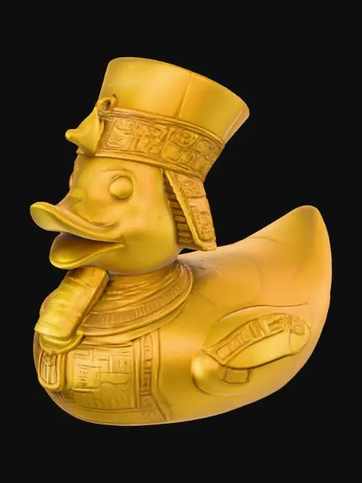 3D model for A Pharaoh rubber duck, solid 3D model. Classic rounded duck body adorned with an ancient Egyptian Nemes headdress, bold and stylized for printing. A sculpted ceremonial beard extends from the beak. Wings decorated with carved hieroglyphic patterns and ankhs in embossed relief. A staff and crook crossed across the chest, chunky and durable. Surface detailed with simple geometric engraving for texture. Watertight geometry, bold forms, and no fragile thin parts