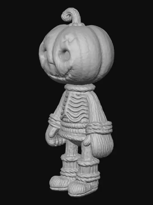 3D model for A stylized 3D model of a Halloween skeleton with a pumpkin for a head, designed to look hand-knitted or crocheted. The pumpkin head should have a friendly but spooky carved face, with visible yarn texture, soft wool fibers, and slight imperfections from handmade stitching. The skeleton body should also appear knitted, with visible loops and interwoven strands, using cream-colored yarn. The entire model should have a cozy, handcrafted aesthetic — similar to amigurumi toys — with soft lighting and subtle shadows to highlight the yarn texture. The style should be whimsical, warm, and slightly eerie, perfect for Halloween decor or collectibles